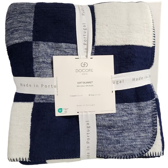 Docofil White Queen Size Soft Blanket Cotton Blend Blue‎ White Made In Portugal - Picture 1 of 6